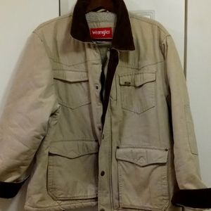 WRANGLER Men's Size XL Tan Canvas Coat w/ Brown Corduroy Trim, Zipper + Snaps
